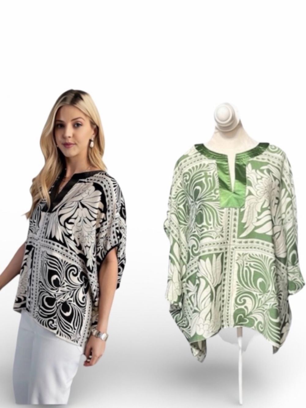 NWT Gigio Marbled Bandana Print Dolman Sleeve Top W/Satin Trim in Green Sz Large